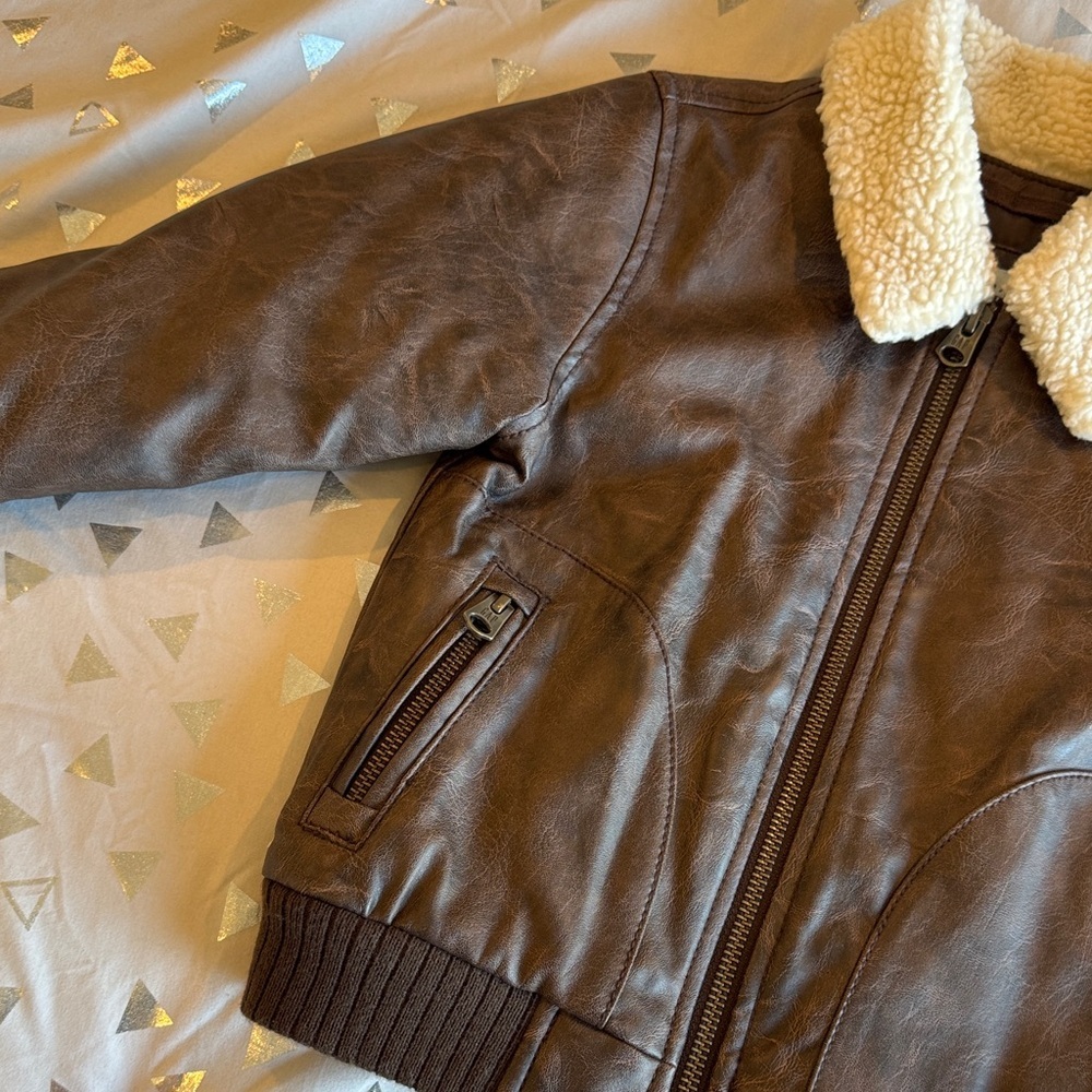 Kids Brown Faux Leather Jacket with off white Sherpa Collar - Picture 6 of 9